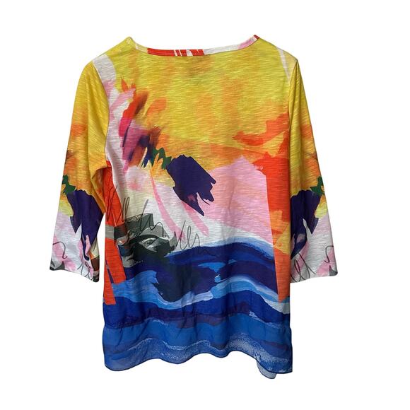 Ali Miles Tunic Top Abstract Print 3/4 Sleeve V-Neck Colorful Artsy Medium Knit - Picture 3 of 6
